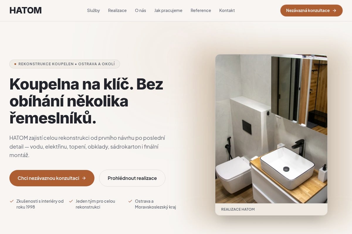Ukázka projektu HATOM — nový web pro rekonstrukce koupelen a bytů